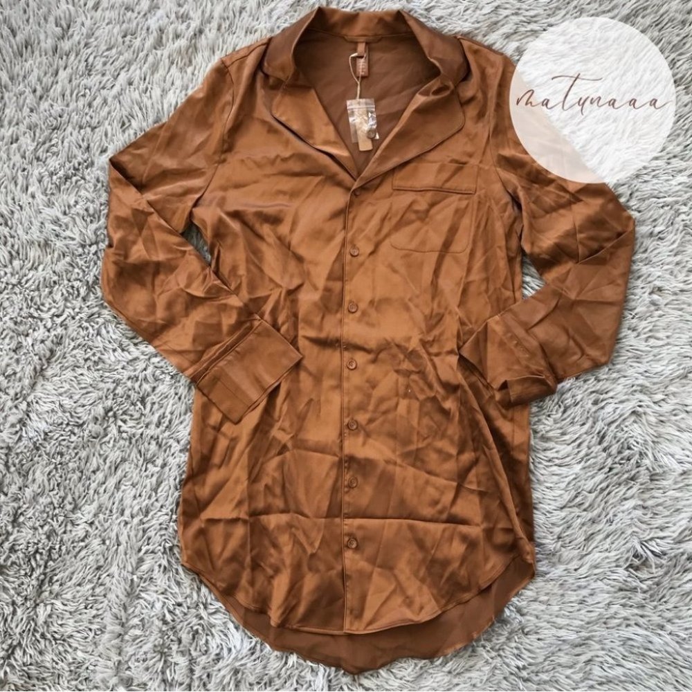 Skims Stretch Silk Button-Up Night Dress in Bronze XXS